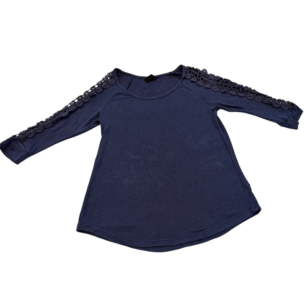 Bobeau Navy Blue Crochet Lace Sleeve Knit Top 15x24 Scoop Neck Long Sleeve